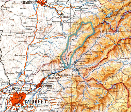 Карта, очерчен бассейн реки Угам [из интернета]