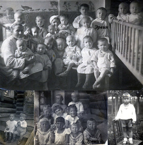 Уштобе. 1942 – 1944 гг. Ясли, сад. Внизу слева трагически погибшая дочь тёти Муси Вельда.  []