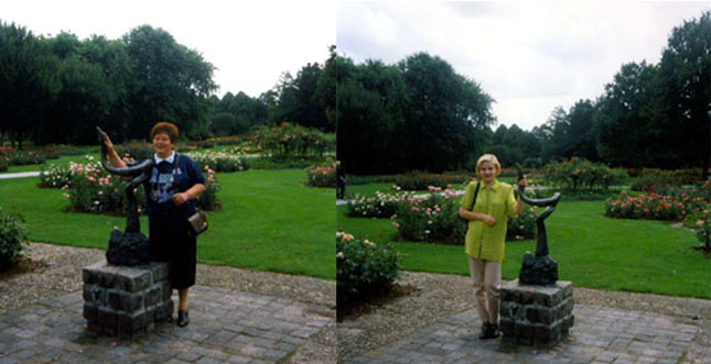 Август 1997 г. Голландия. Rosarium Winschoten. Надя и Юля рядом с единственным в мире памятником дождевому червю. []